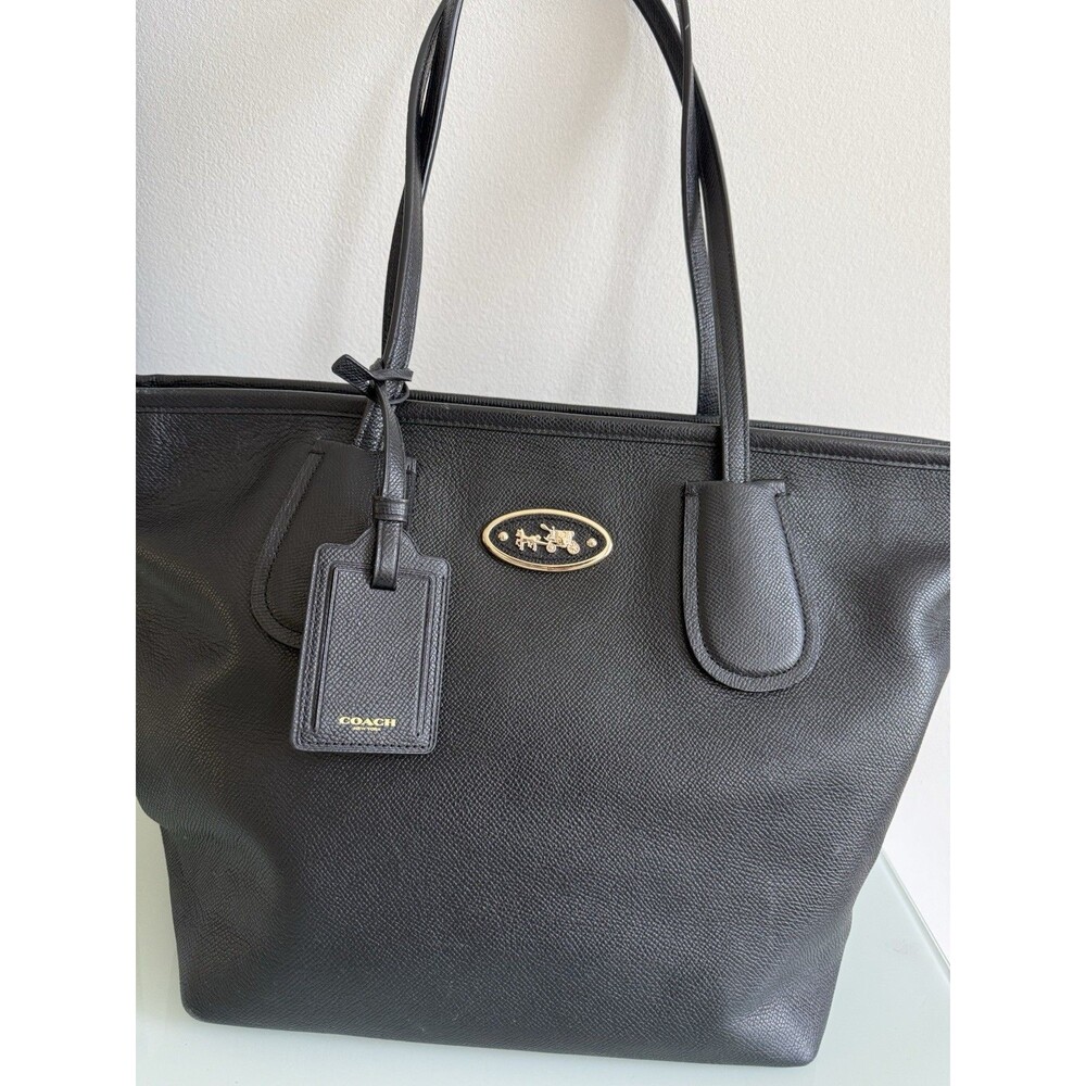 Coach City Zip Tote Black Crossgrain Leather Gold Logo Large Shoulder Bag